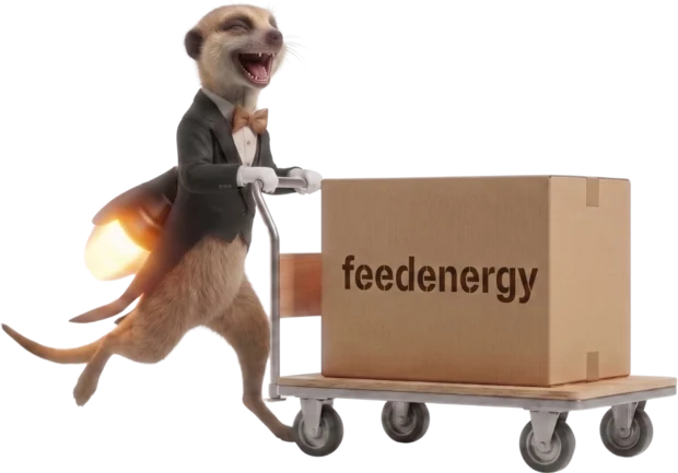 Mascotte feedenergy — un suricate livreur poussant un carton feedenergy sur un diable