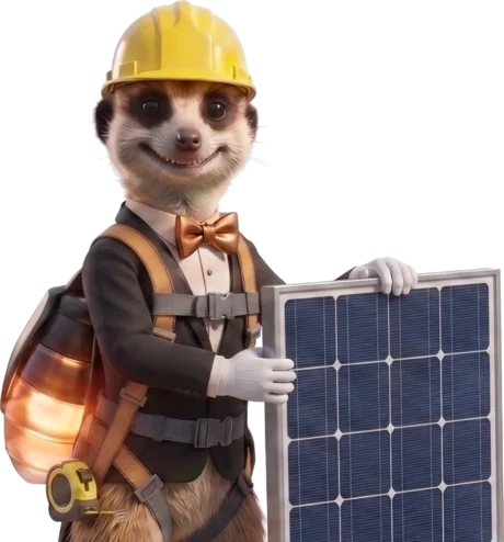 Mascotte feedenergy — un suricate en tenue de chantier tenant un panneau photovoltaïque